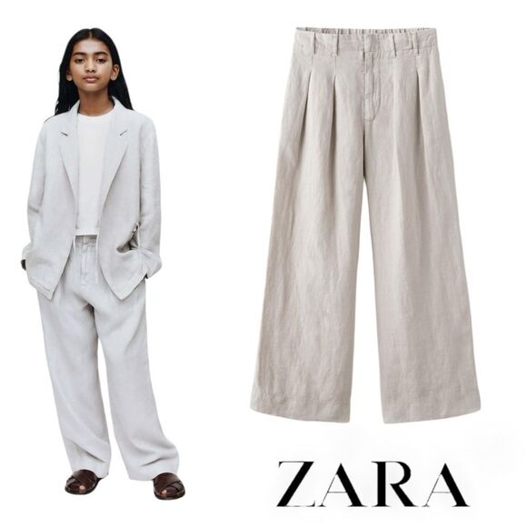 ZARA Kids | Light Gray | DARTED LINEN PANTS - Picture 1 of 6